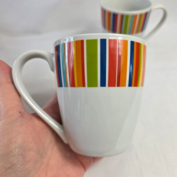 TWO Tabletops Gallery Westwood Mugs White Multicolor Stripes - Picture 2 of 10